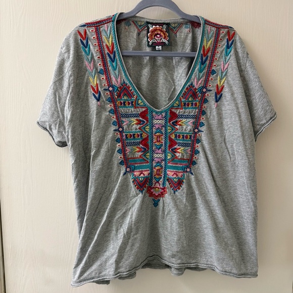 Johnny Was Gray Embroidered V-Neck Blouse XL - Picture 1 of 4